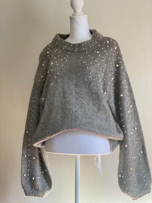 Gray Pearled Balloon Sleeve Sweater - Large